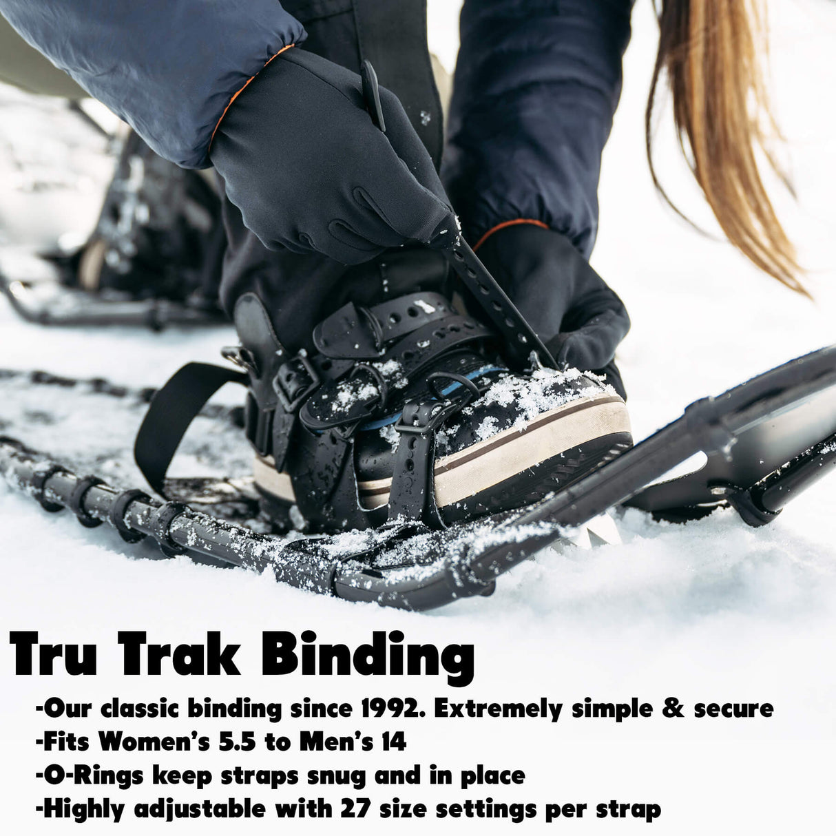 Close-up of TruTrak binding system on Timber Wolf convertible snowshoes