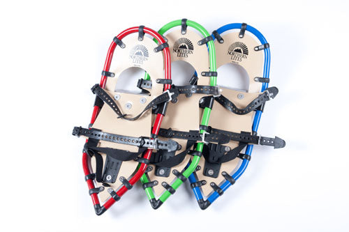 Youth snowshoes lightweight design with bindings on white background